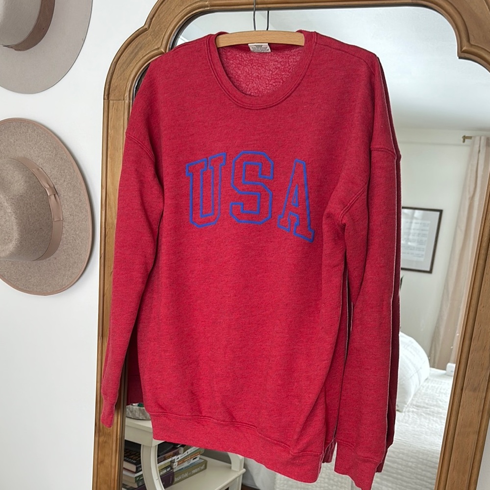 Vibrant Red Crewneck Sweater with Blue USA Print